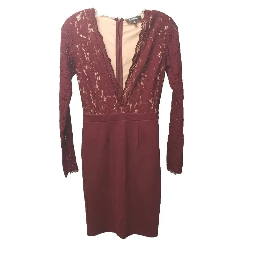 Lulus Mini Dress Sooner Or Later Burgundy Lace Long Sleeve Sexy Plunge Small